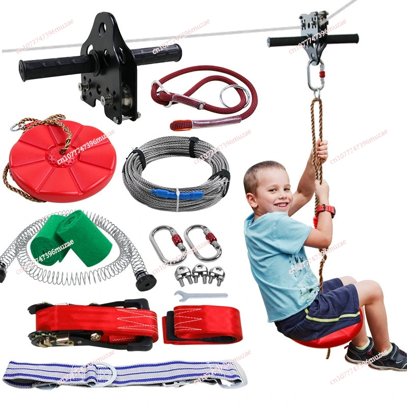 Outdoor Adventure Ziplines & Waterfall - Zipline-set voor kinderen, stalen kabel, handbediende